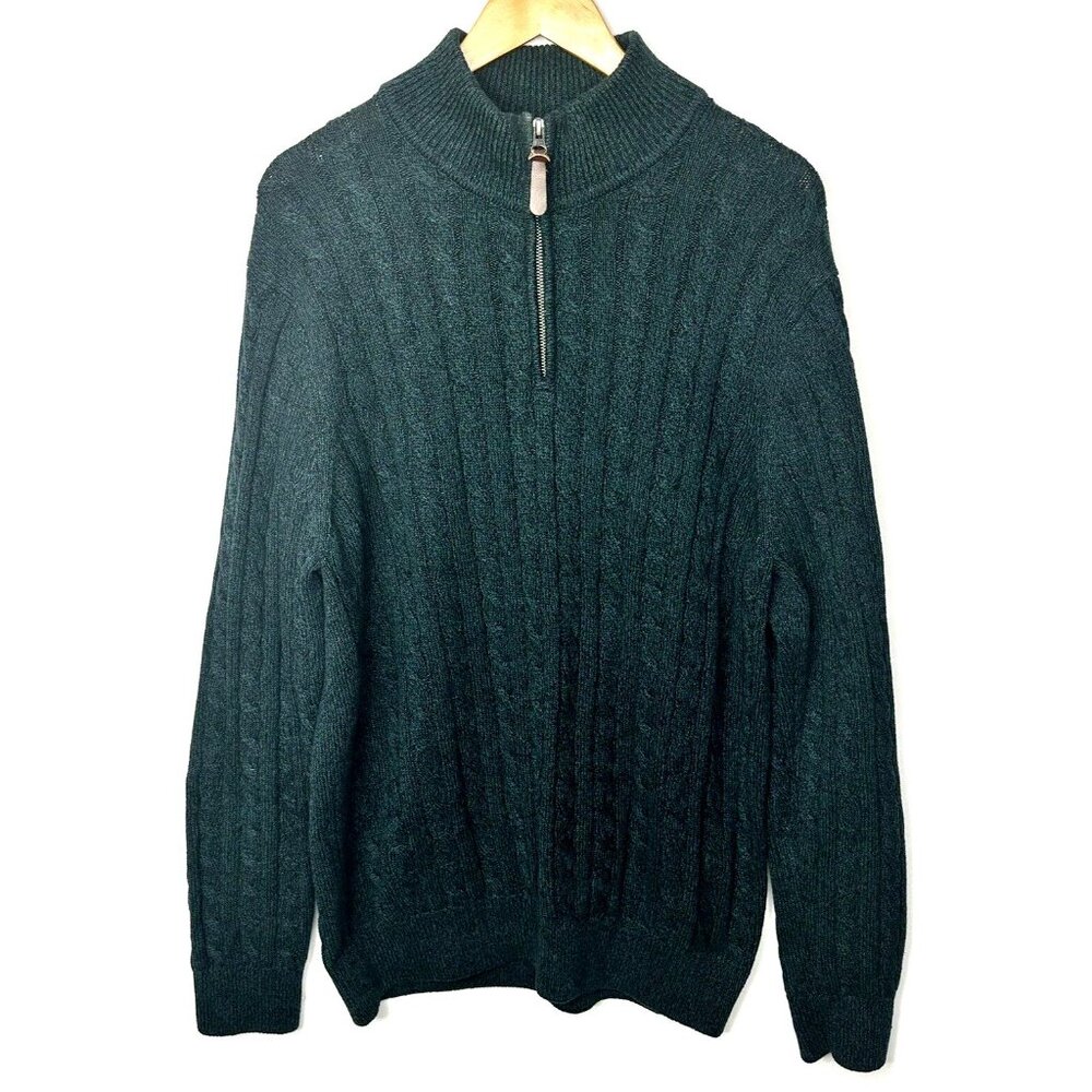 Denver Hayes Mens Sweater Cable Knit 1/4 Zip Long Sleeve Pullover Green Large